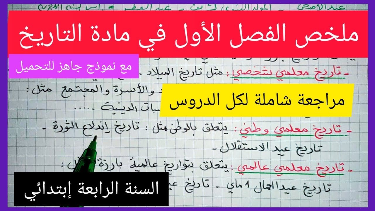 ملخص الفصل الأول في مادة التاريخ للسنة الرابعة إبتدائي 2021 / 2022