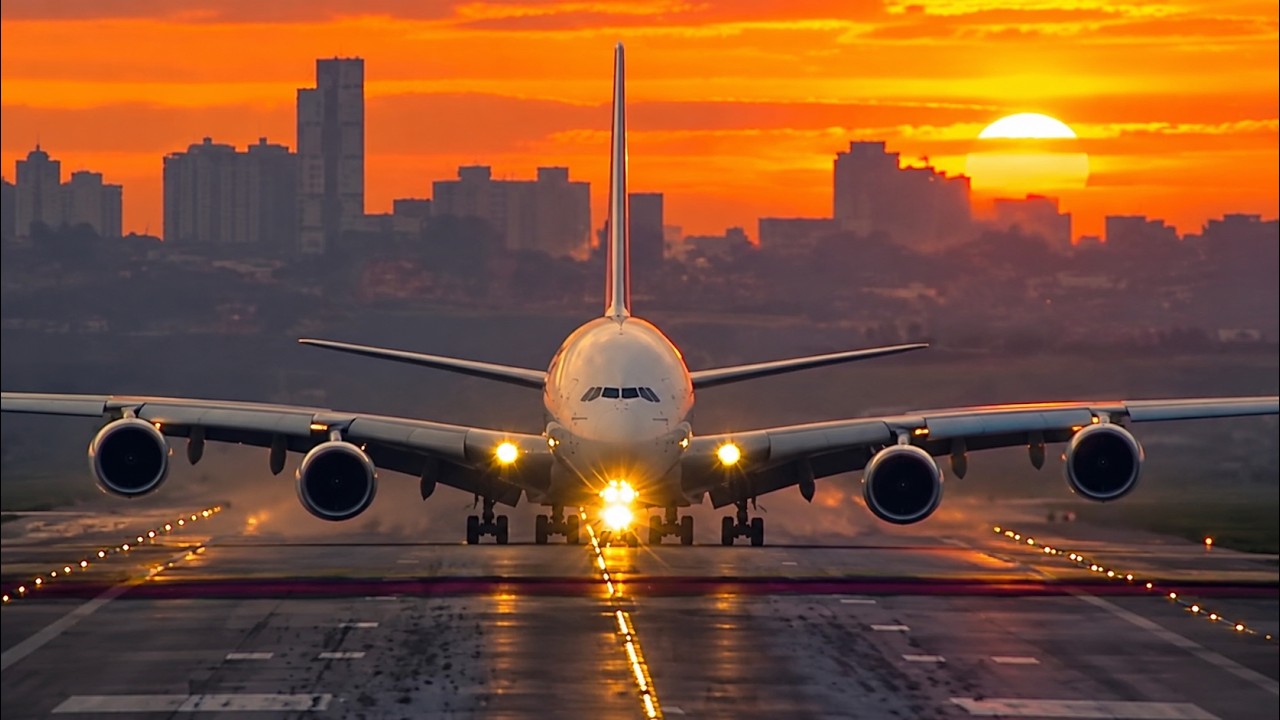 Airbus A380 da Emirates pousa em Guarulhos durante o pôr do sol