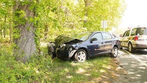 (2-40) A car traveling at 105 km/h strikes a tree. The front end of the car compresses and the