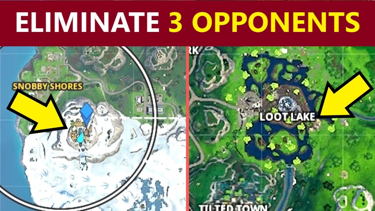 Eliminate opponents at a mountain top Viking Village or Loot Lake (Fortnite Worlds Collide Prestige)