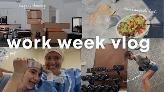 WORK WEEK IN MY LIFE: hospital call, huge package unboxing, dumbbell workouts + coming home!!