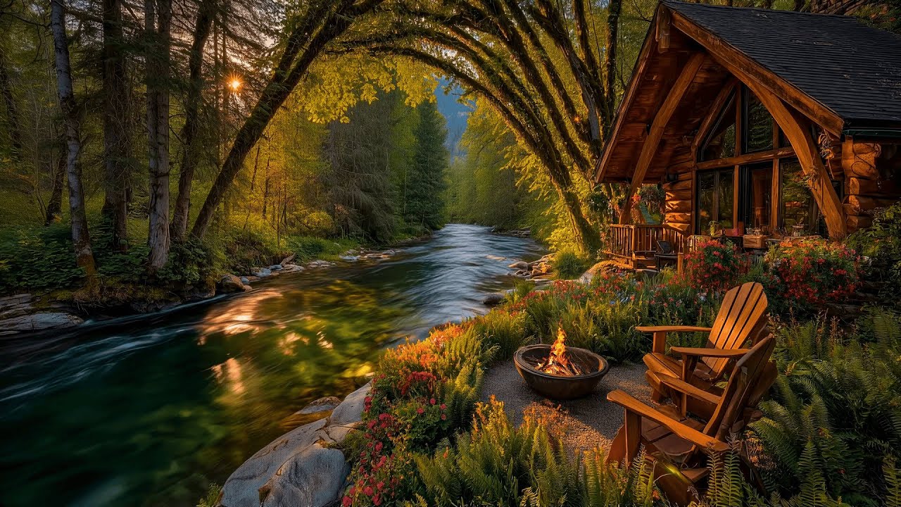 The forest is waking up… softly 🌸🔥 Spring Riverside Cabin, Birds & Fire
