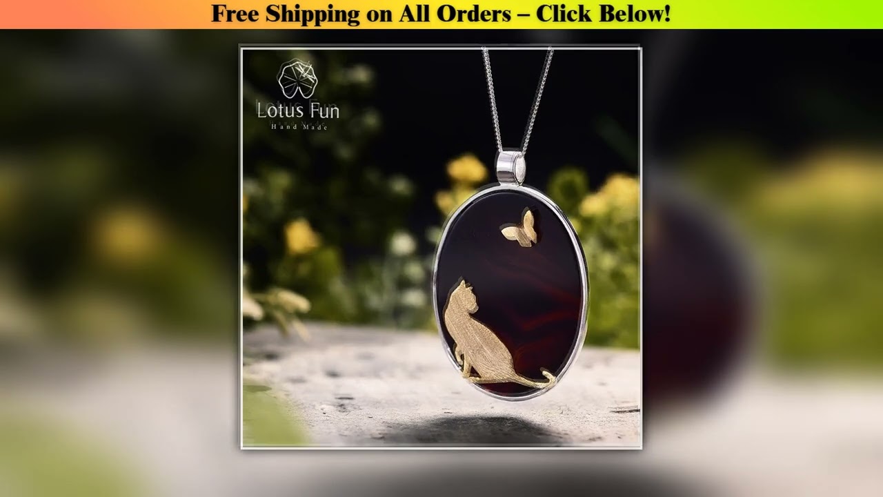 Lotus Fun Real 925 Sterling Silver Natural Agate Handmade Fine Jewelry Cat and Butterfly Pendant