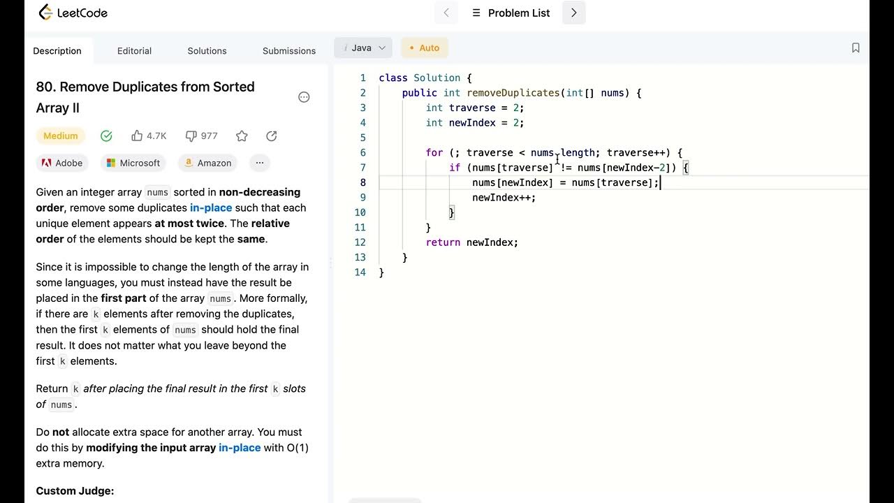 LeetCode 80. Remove Duplicates from Sorted Array II 中文解题思路 Java # ...