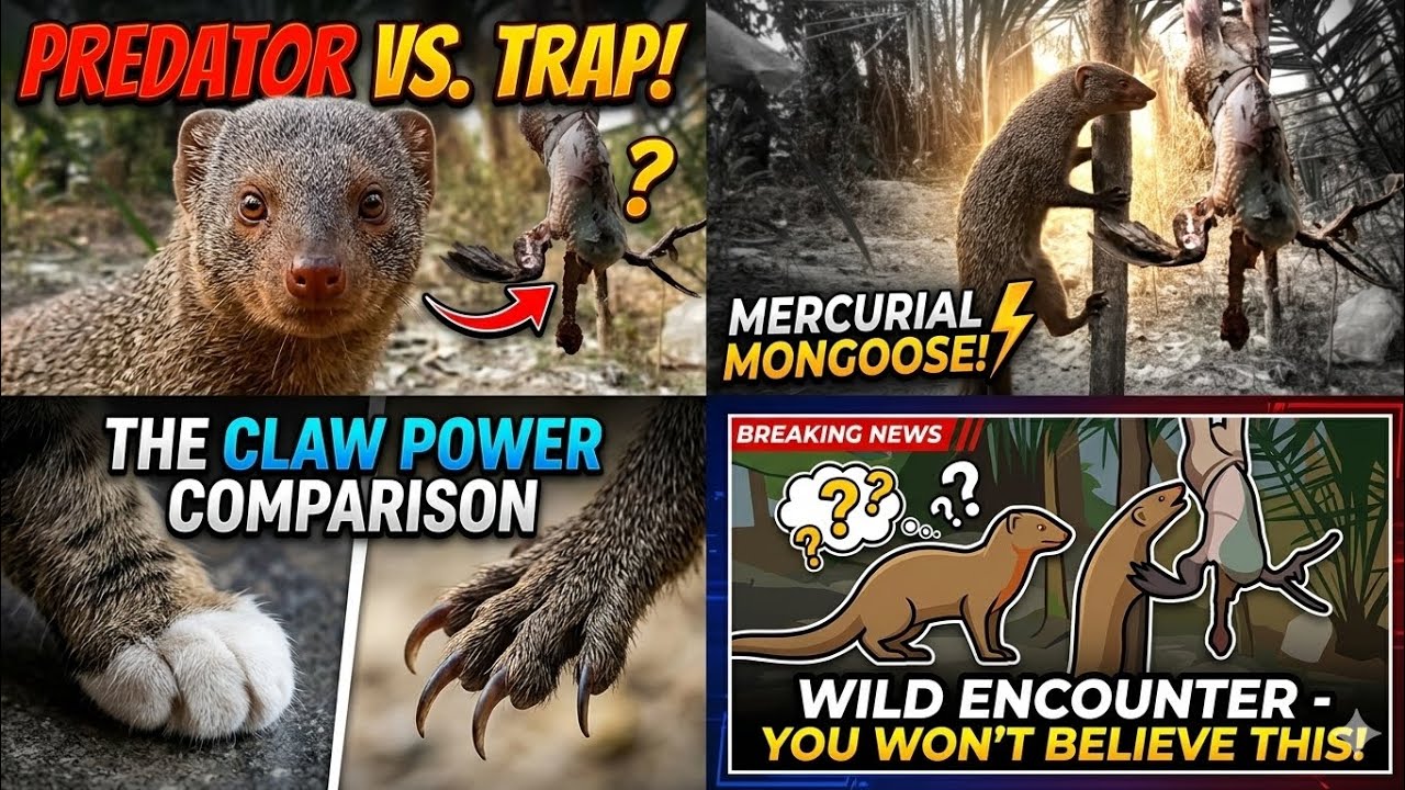 A mongoose interacting with what appears to be a baited trap or hanging ...