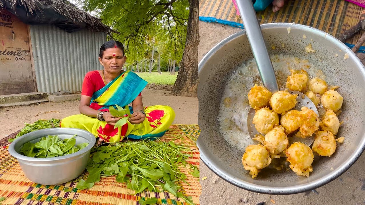 Badhur Keera Kulambu | Green Leaf Kulambu Cooking in Village | Sweet Potato Bonda Recipe