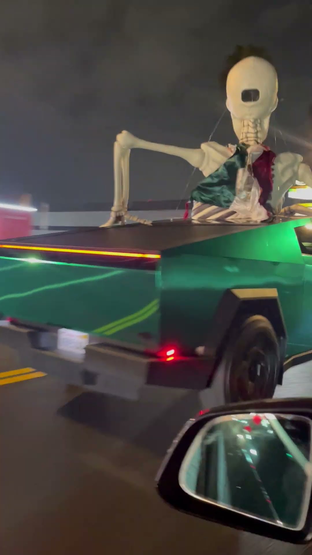 Massive Skeleton Displayed on Cybertruck for Mexican Independence Day Drive