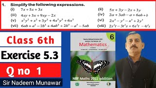 Class 6 Exercise 5.3 Q no 1 Ex 5.3 NBF Maths addition of Algebra  in Urdu Sir Nadeem Munawar