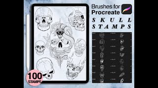 100 procreate skull stamps | procreate brushes | black work tattoo style screenshot 2