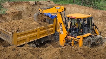JCB Backhoe Loader Cutting Soil and Loading in Dump Truck- Dump Truck Carrying Soil - Dozer Video 2