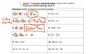 Adding & Subtracting Monomials