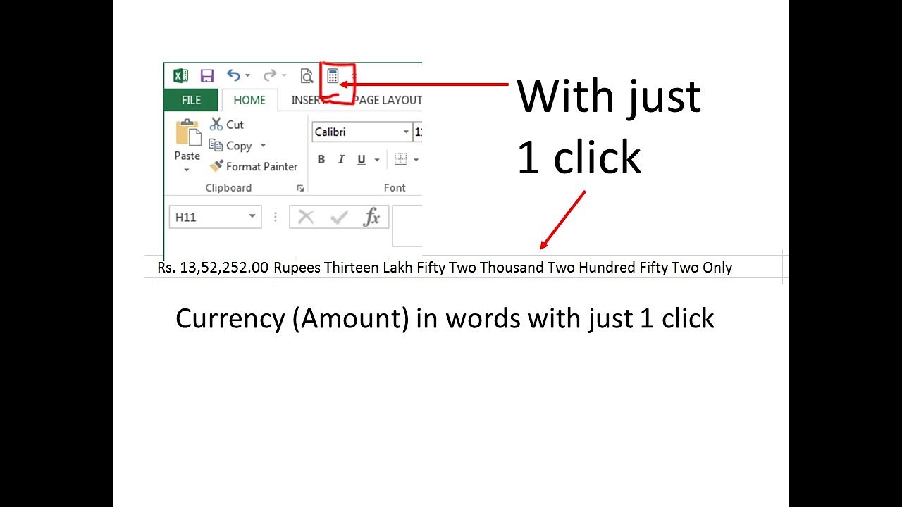 Amount in words in Excel for Indian rupees with quick access toolbar