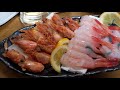 甘エビの刺身と頭の唐揚げ、トウモロコシ付き、魚屋では大量剥き、刺身で販売、時には刺身の盛り合わせの飾りとして[魚屋の技術]