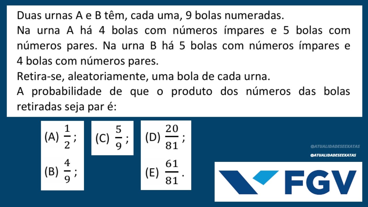 FGV - PROBABILIDADE - Duas urnas A e B têm, cada uma, 9 bolas numeradas.