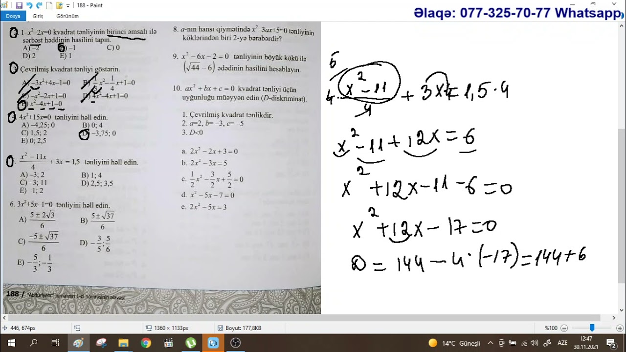 DİM 8 ci sinif.  Səhifə 188.  Kvadrat tənliklər  A variantı