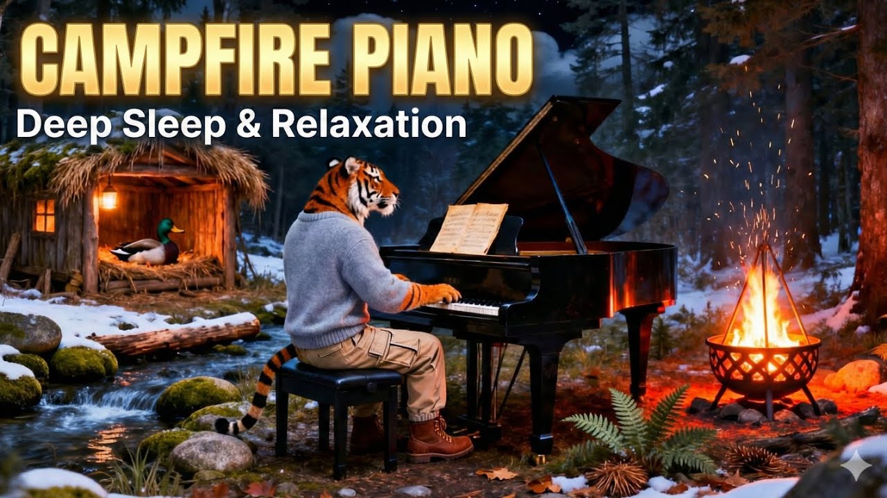 Cozy Campfire & Piano 🔥Warm Winter Ambience for Deep Sleep & Relax 🌙