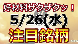 好材料ザクザク！！【5月26日(水)の注目銘柄まとめ】本日の株式相場振り返りと明日の注目銘柄・注目株・好材料・サプライズ決算を解説、株式投資の参考に。