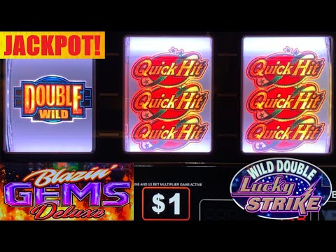 JACKPOT! Quick Hit Triple Double Action + Blazin Gems Deluxe + Wild Double Lucky Strike slot play!