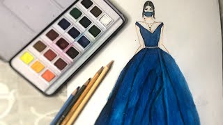 Beautiful Blue Colour Dress Drawing | fashion illustration sketch | by shine art