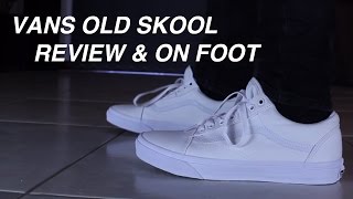 vans old skool white leather on feet