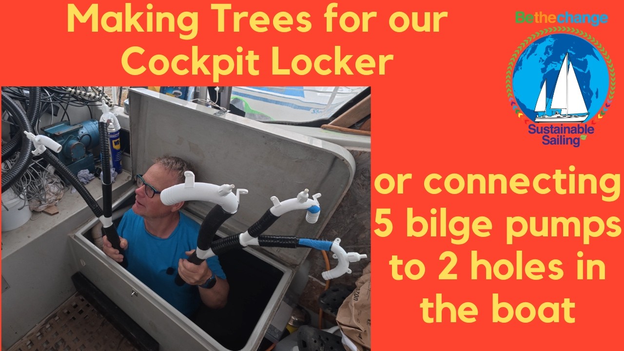 ⁣Cockpit locker: Trees or 5 Bilge pump connections to 2 holes #BoatRefit #DIY #BilgePump