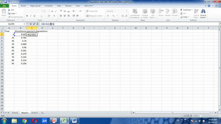 Calculation of percent degraadtion of photocalatytic data