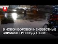 Неизвестные снимают гирлянду с ели в Новой Боровой