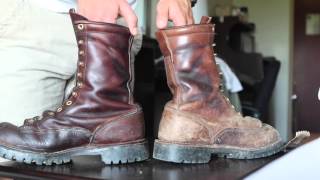 Waxing up a pair of neglected leather boots. this wax is great for all
kinds leather. it doesn't make waterproof, but replenishes old dry,
cracked...