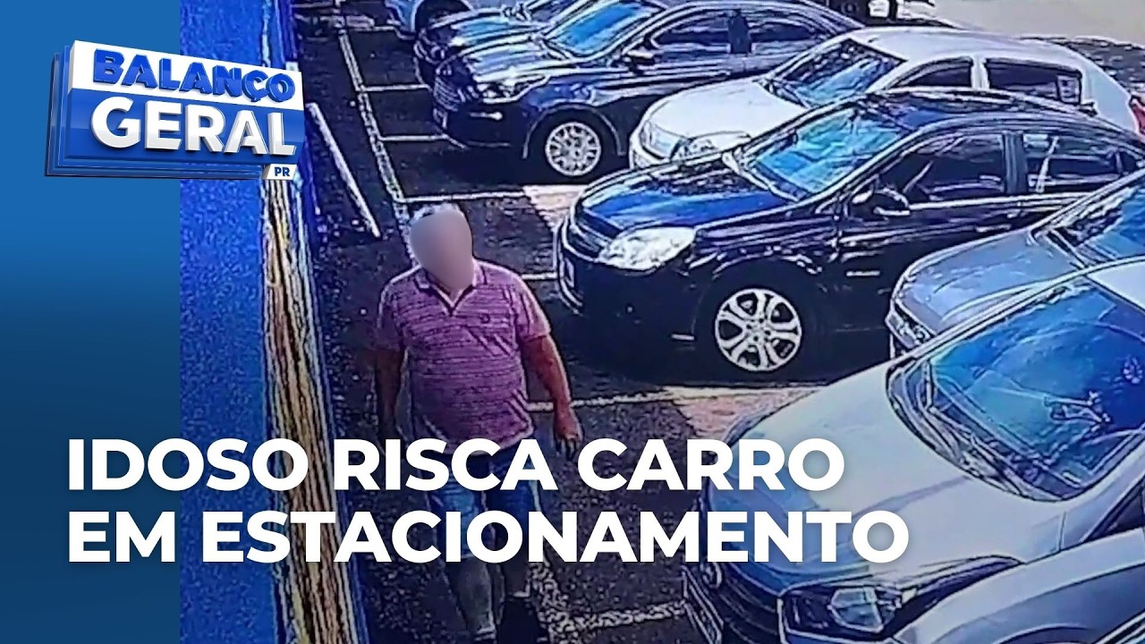 Idoso é filmado riscando carro em estacionamento de supermercado e imagens revoltam motoristas