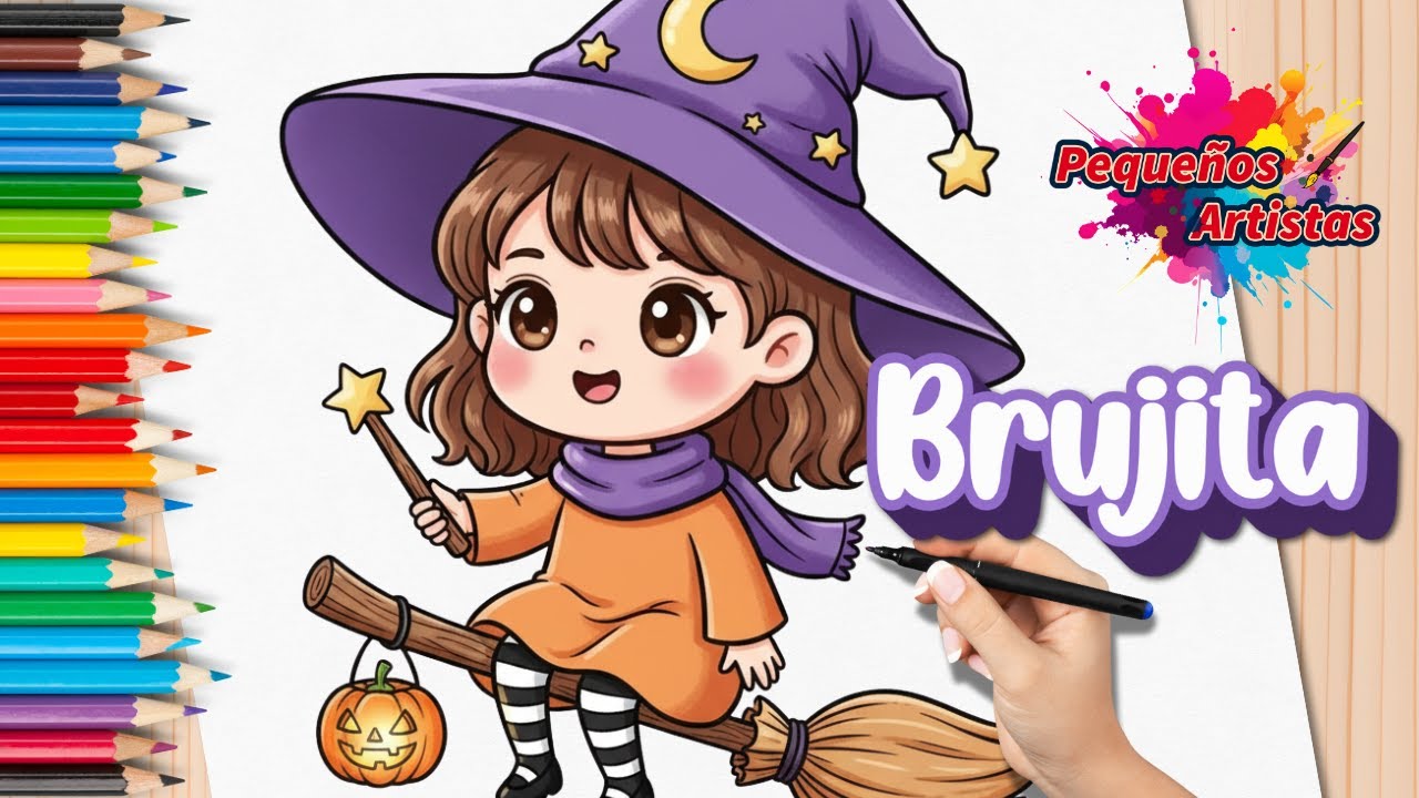 Dibuja y Colorea una BRUJITA MÁGICA en su Escoba🧙‍♀️ Halloween 🎃 Dibujos Para Niños