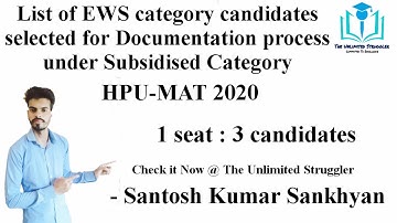 EWS category candidates selected for Documentation Process under subsidized category HPU MAT 2020