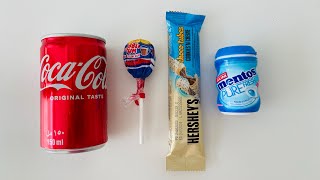 Yummy Rainbow Candies in Coca’Cola container, Lollipop, Hershey’s Chocolate and Mentos. ASMR