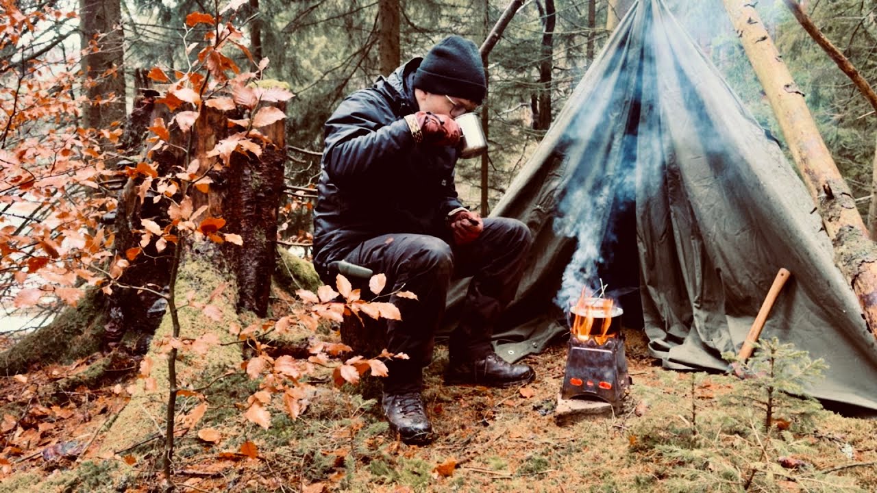 Bushcraft in the Storm: Rain Poncho Shelter & Vegan Cooking | ASMR ...