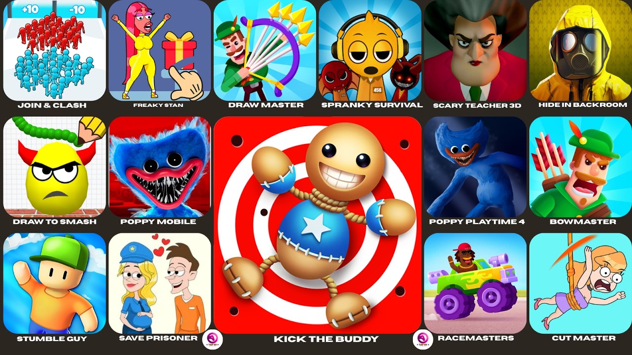 Kick The Buddy, Grimace Monster Scary Survival, Scary Teacher 3D, Draw To Smash, Freaky Stan