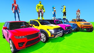 SPIDERMAN CARS Race Challenge on PUZZLE SEA Rampa ! SUPERHERO HULK Iron Man Goku Car Racing  GTA 5