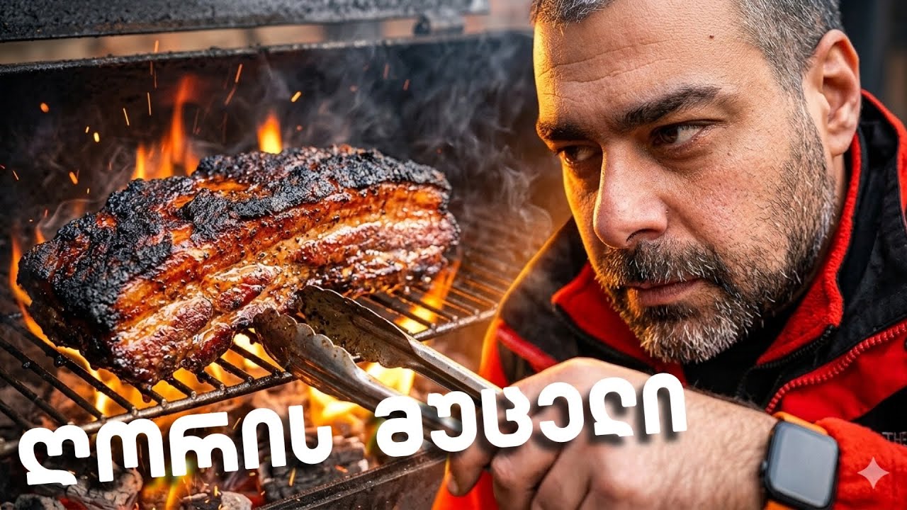 ცეცხლზე შეპიწკინებული ღორის მუცელი დამწვარ ბოსტნეულთან ერთად