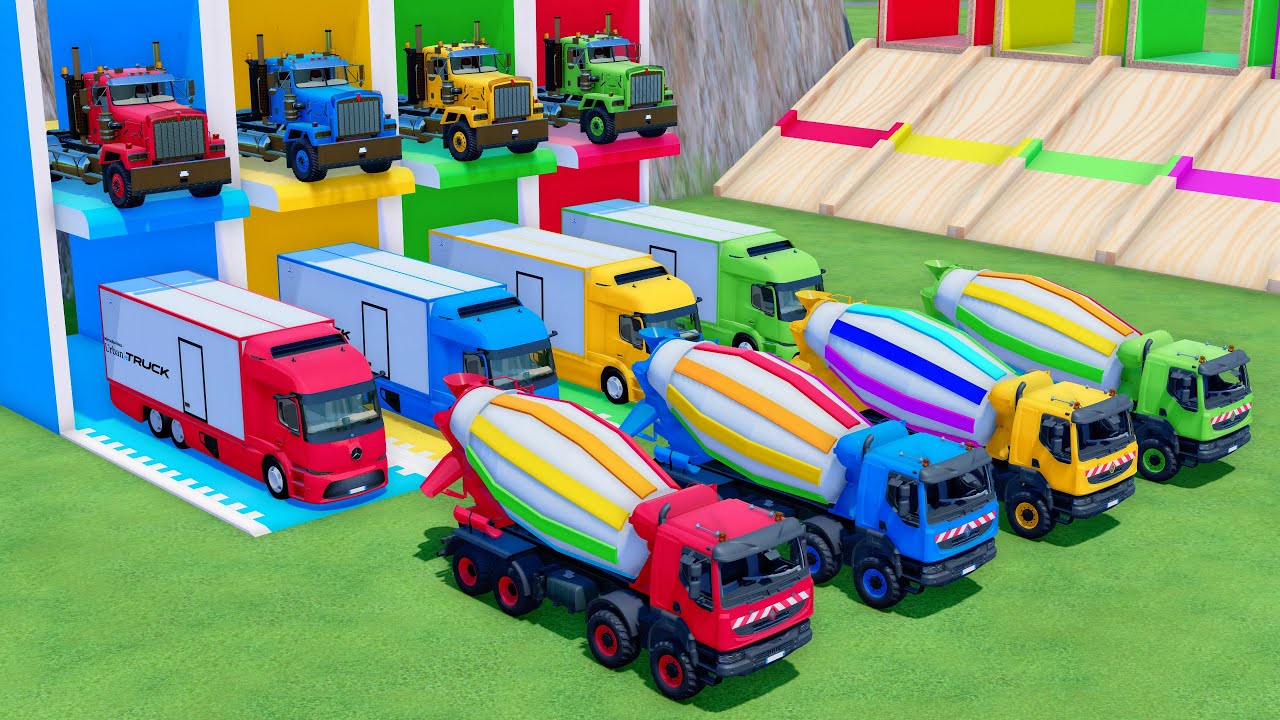 TRANSPORTING DOUBLE FLATBED TRAILER TRUCK, ALL COLOR MIXER TRUCK, RENAULT, KENWORTH, MERCEDES -FS22