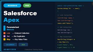 Salesforce Apex Tutorial for Beginners Session 2 | Parameterized Methods&amp; Collections-List, Set, Map
