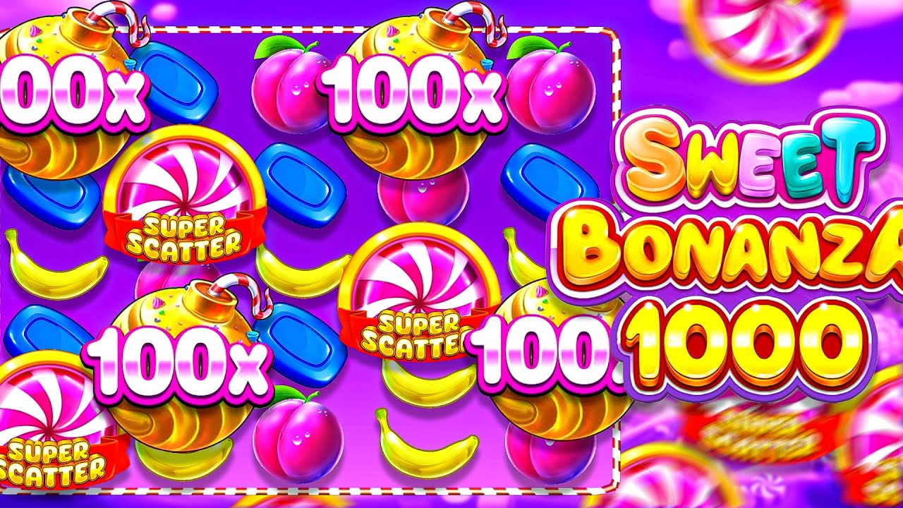 Gameplay-Screenshot Sweet Bonanza Slot mit bunten Bonbons und großen Multiplikatoren