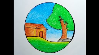 How To Draw House And Tree Scenery Drawing House Scenery In A Circle