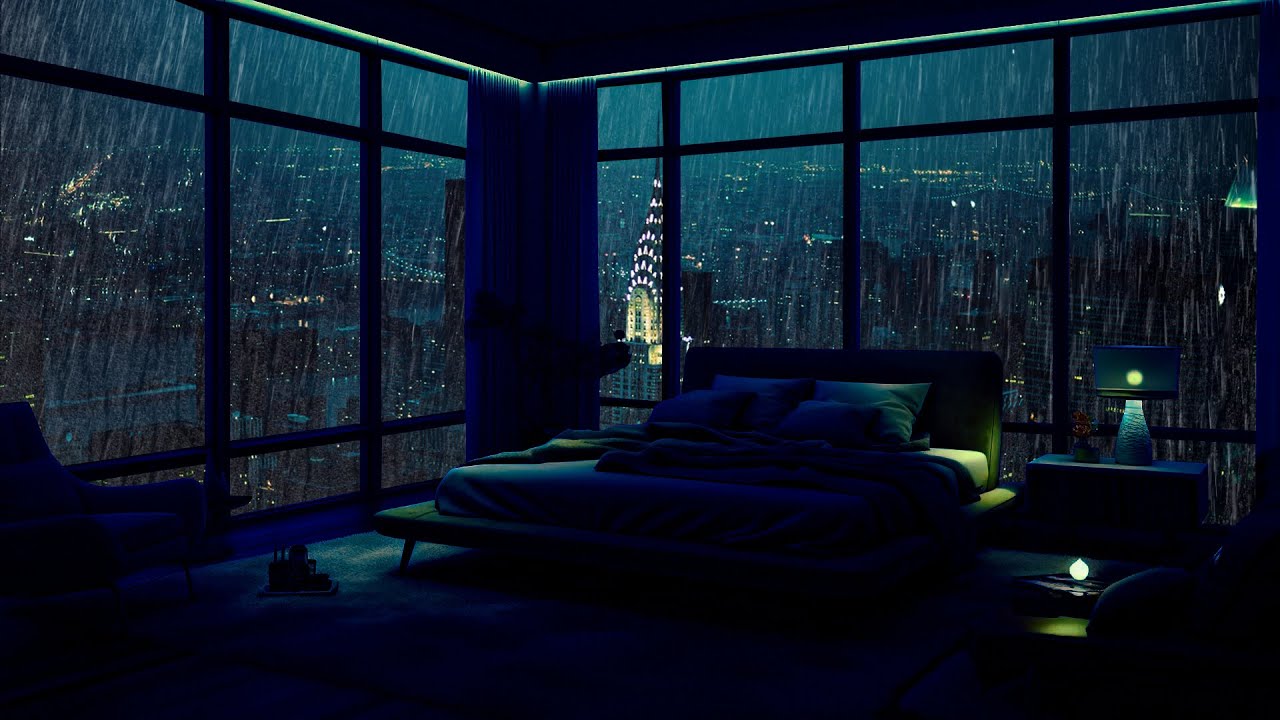 10 Hours | Cozy Bedroom with A Night View Of New York - Smooth Rain ...