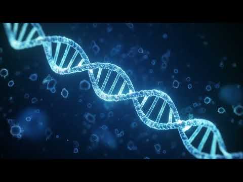 Futuristic glowing 3D DNA helix rotating slowly in deep blue scientific background