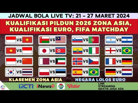 Jadwal Bola Malam Ini Live TV 2024 - Kualifkasi Piala Dunia Zona Asia, Play-Off Euro, FIFA Matchday