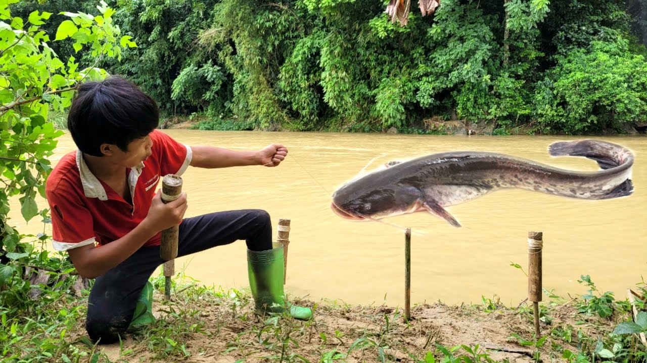 The boy's super cool bamboo tube fishing technique. caught a super big fish. | Wandering boy