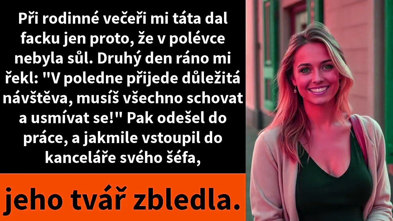 Včera večer mě otec udeřil do obličeje jen proto, že polévka neměla dost soli. Matka se jen usmívala a míchala lžící, jako by se nic nestalo. Ráno mi otec pohrozil: „Raději si zakryj tu modřinu a...