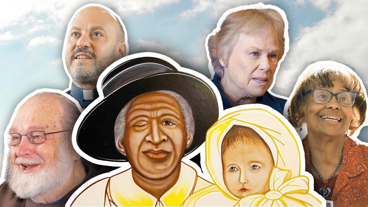 Five individuals are superimposed over a background of clouds. The individuals are spread around the image, with the central figure being Servant of God Julia Greeley, a former slave whose cause for canonization is open in the Catholic Church. She holds a baby. The mood is reflective and inviting.