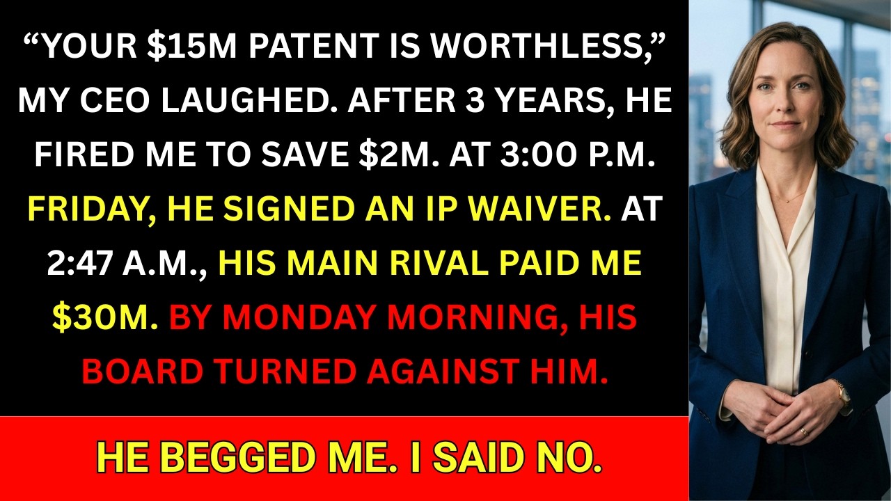 Friday afternoon, my CEO slid a black leather file across the boardroom table and called my three years of work "worthless junk science." He made me sign a waiver surrendering my patent rights,...