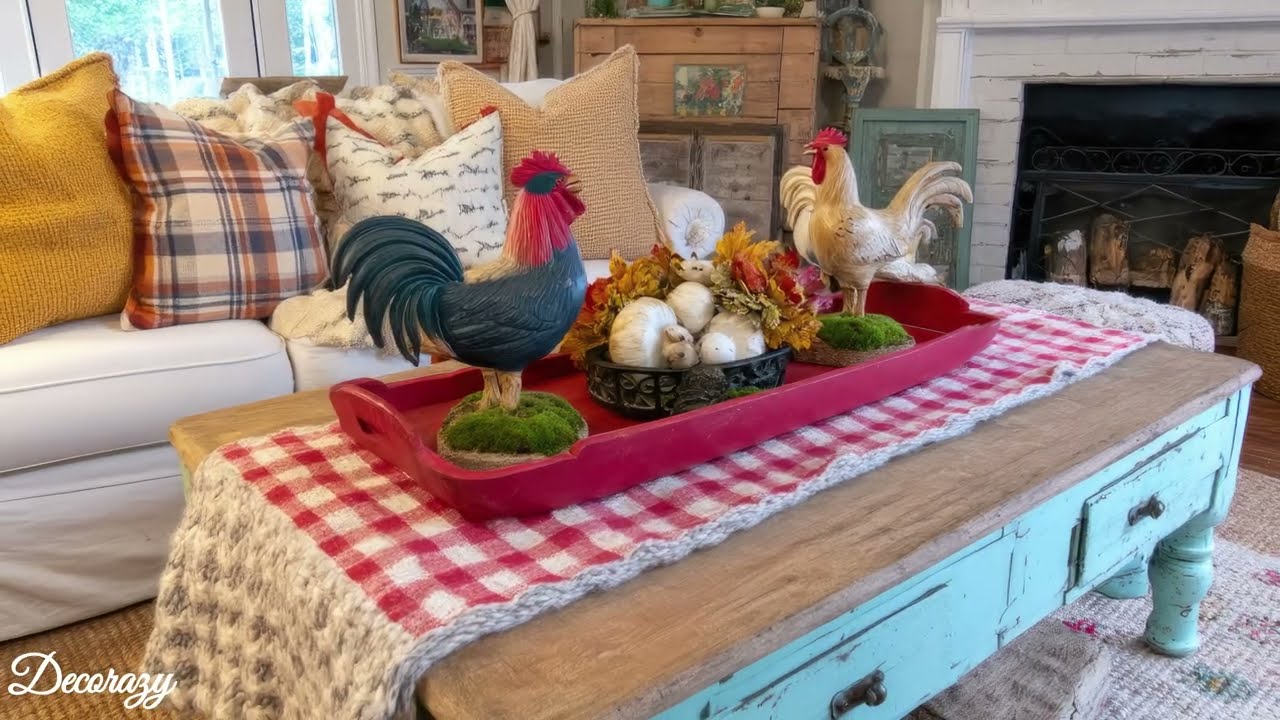 Rustic Rooster Charm | Vintage Farmhouse Decor with Red Plaid Accents