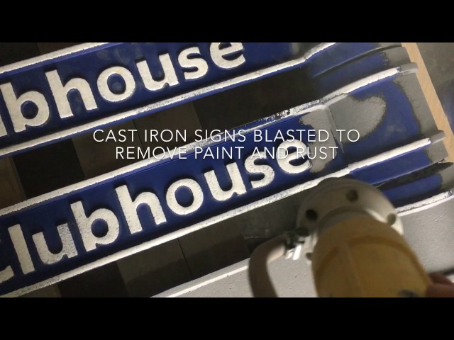 Media blasting cast iron signs to remove paint and rust