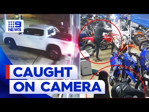 Cctv footage shows thieves stealing motorbikes in sydney ram-raid | 9 news australia